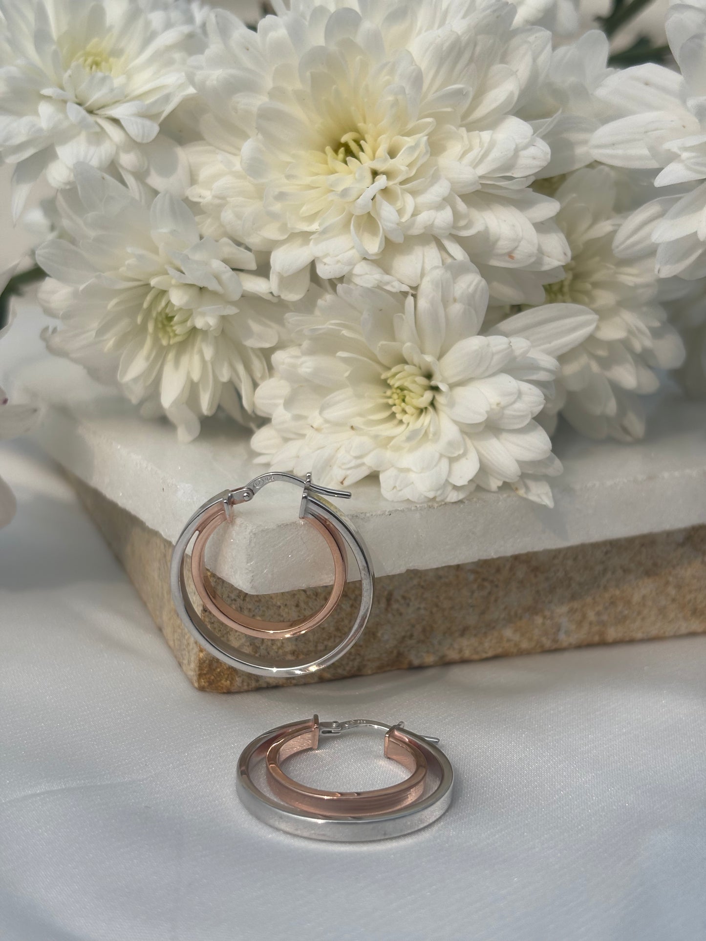 Rose Accent Silver Hoops