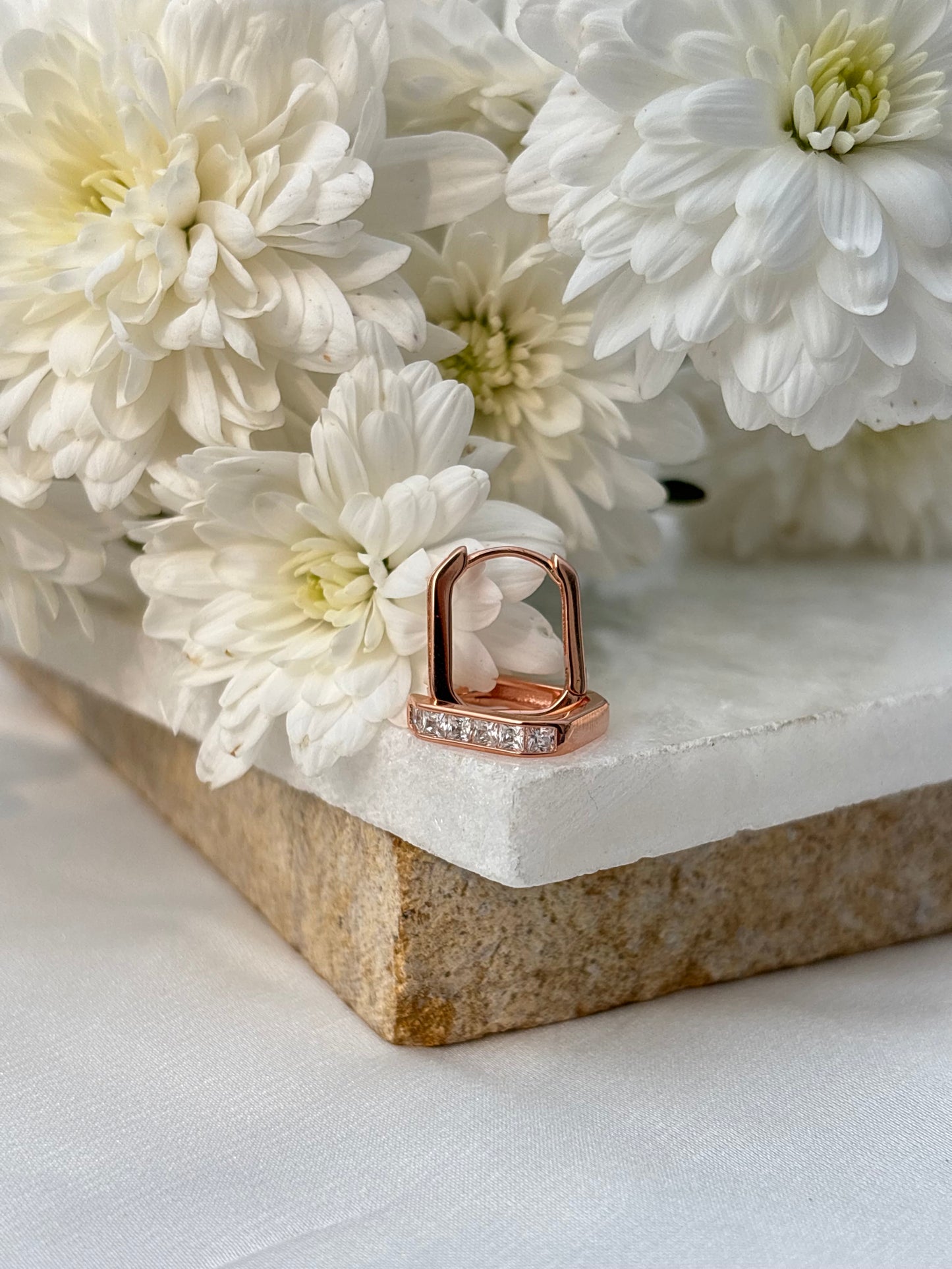 Rose Gold Rectangular Crystal Huggie Earrings