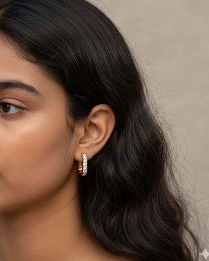 Rose Gold Rectangular Crystal Huggie Earrings