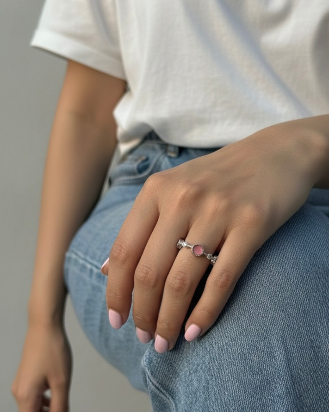 Pink Dot Silver Ring