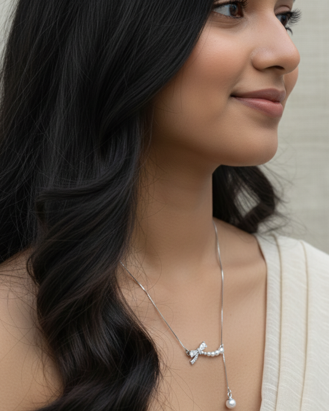 Pearl Bow Drop Necklace