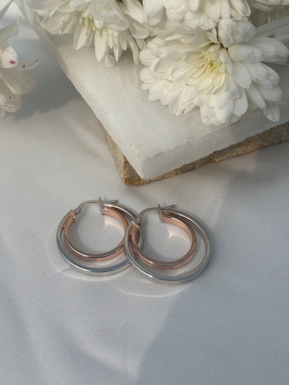 Rose Accent Silver Hoops