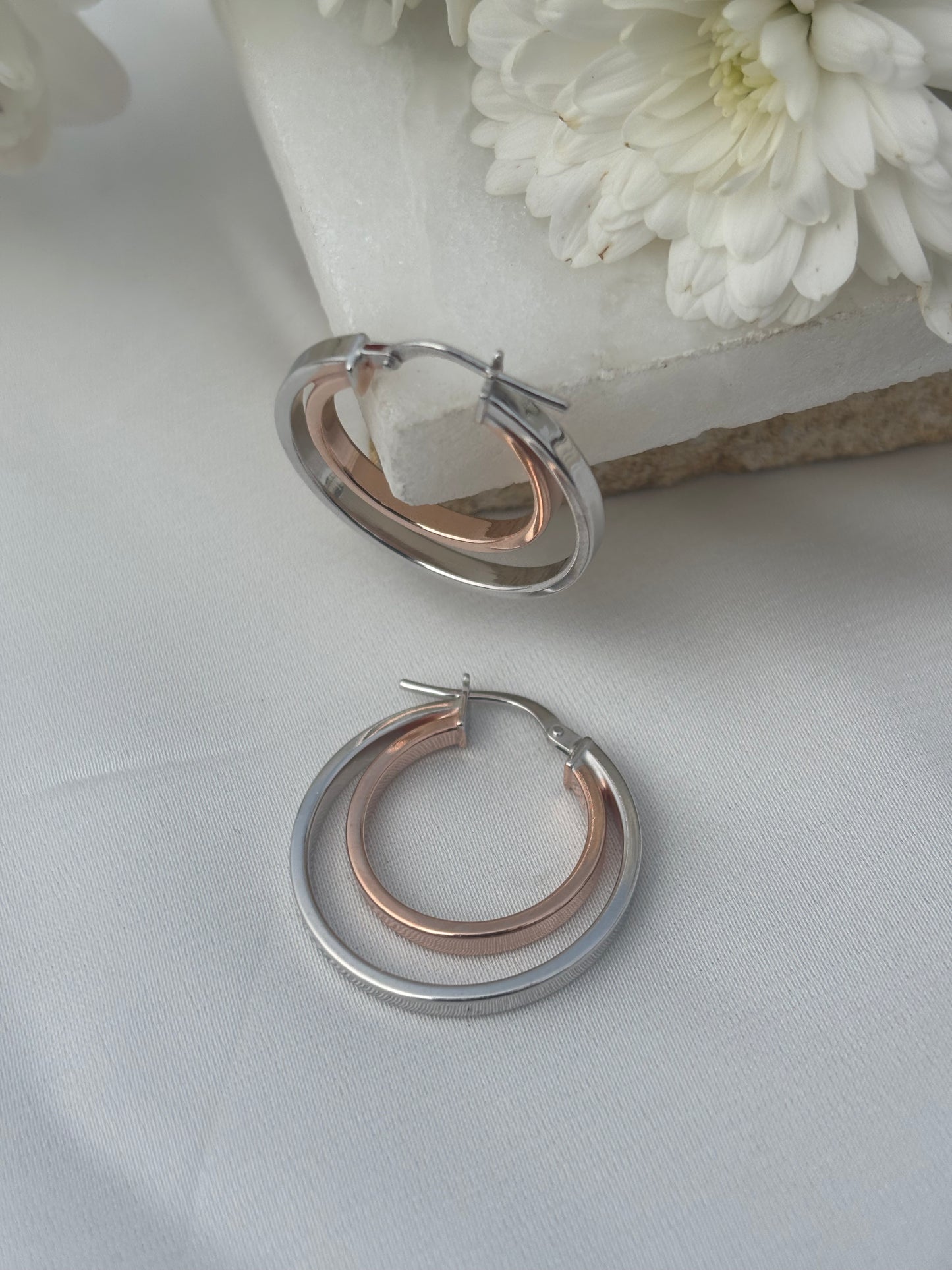 Rose Accent Silver Hoops