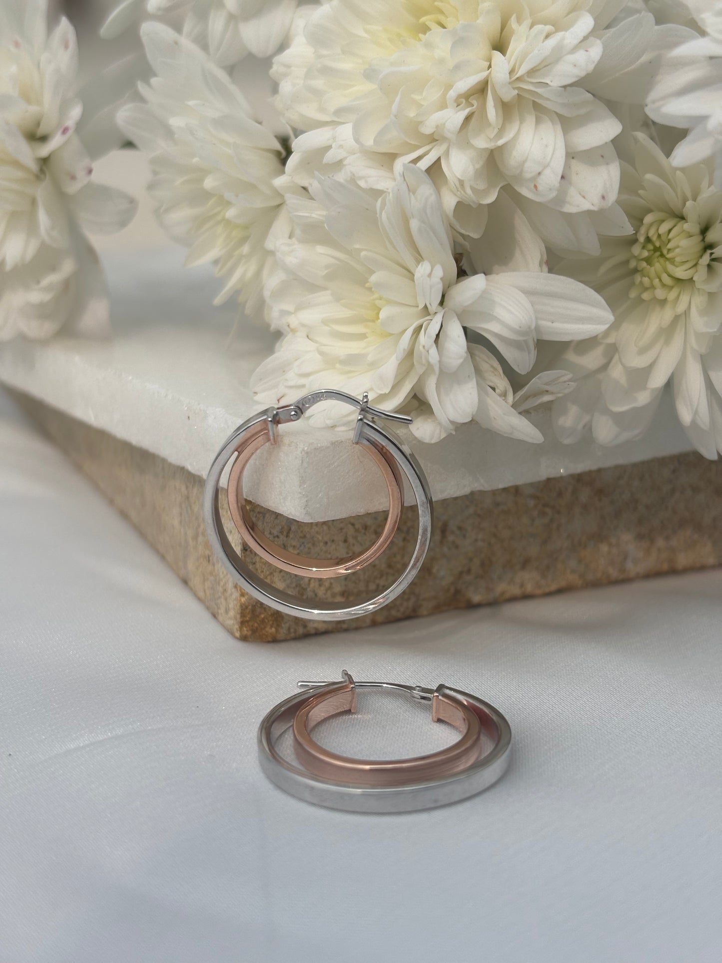 Rose Accent Silver Hoops