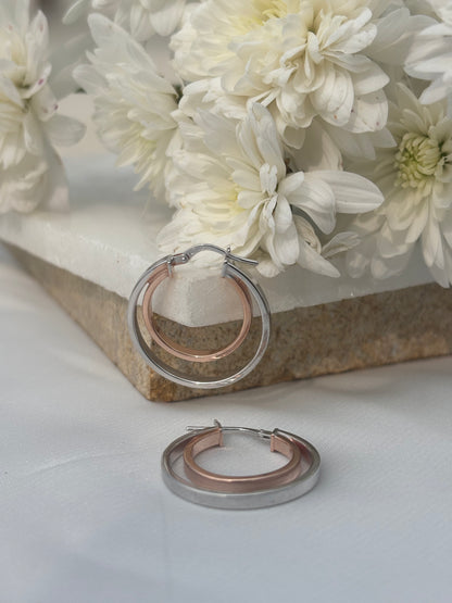 Rose Accent Silver Hoops