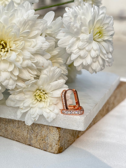 Rose Gold Rectangular Crystal Huggie Earrings