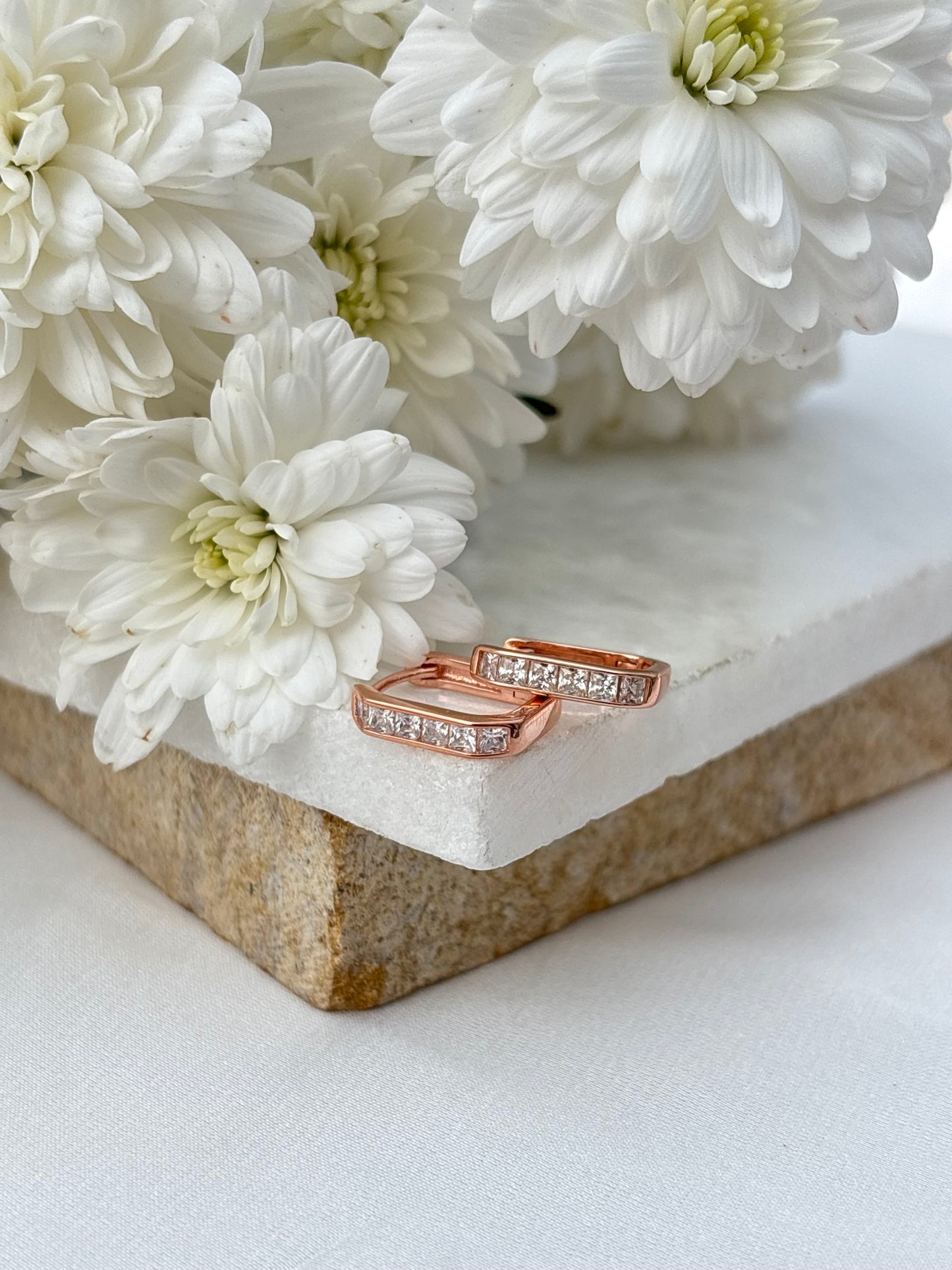 Rose Gold Rectangular Crystal Huggie Earrings