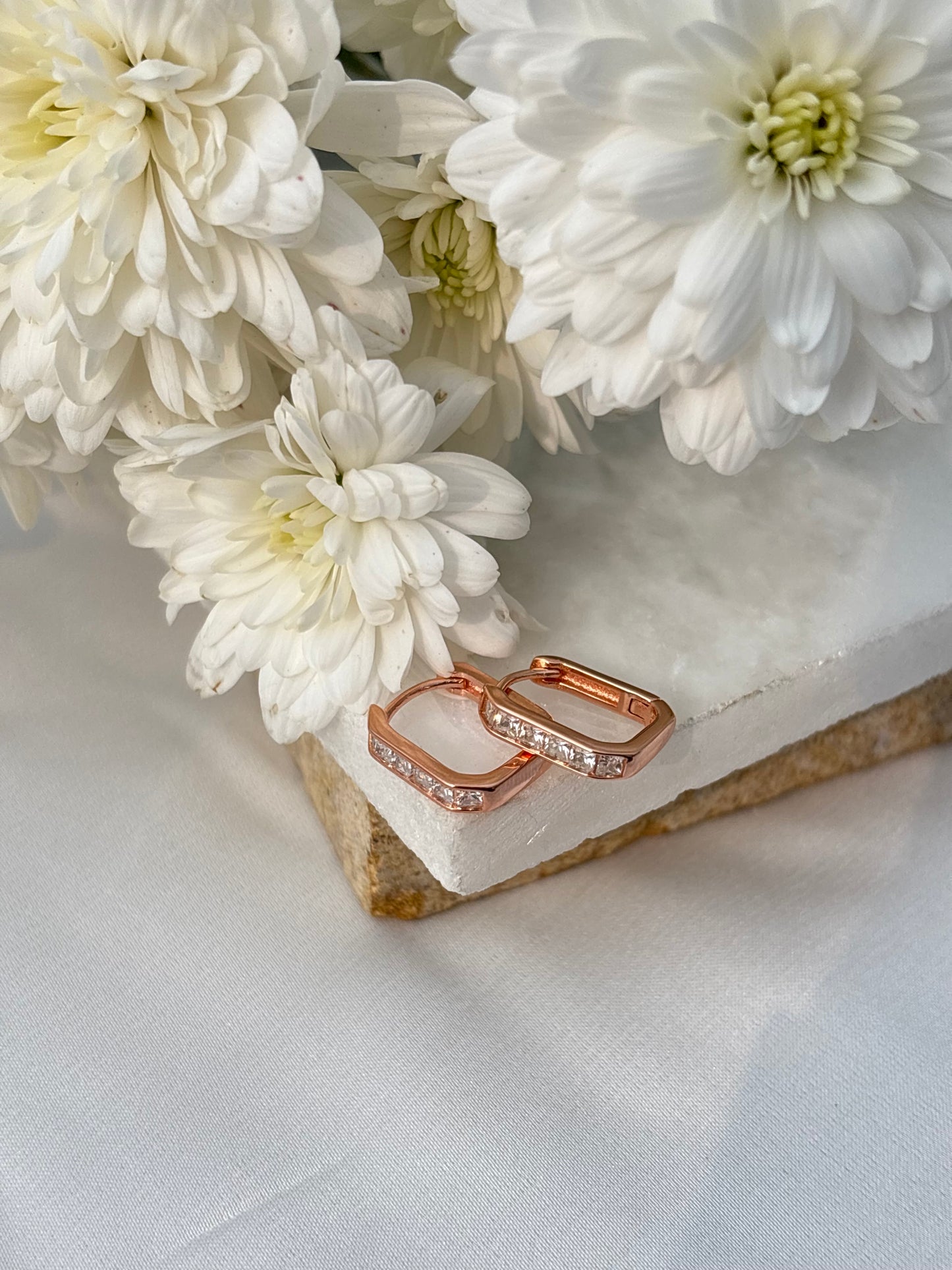 Rose Gold Rectangular Crystal Huggie Earrings