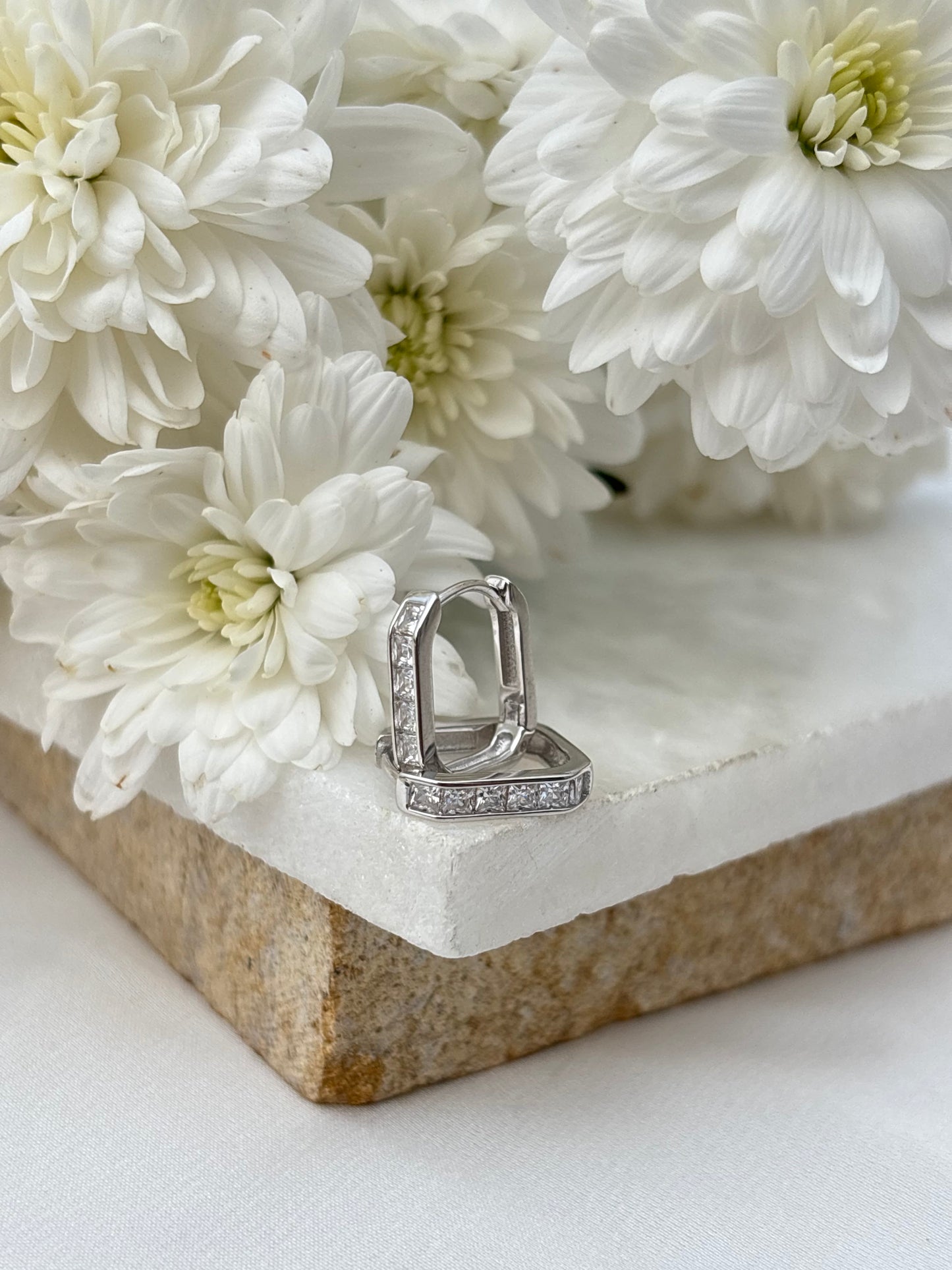 Silver Gold Rectangular Crystal Huggie Earrings