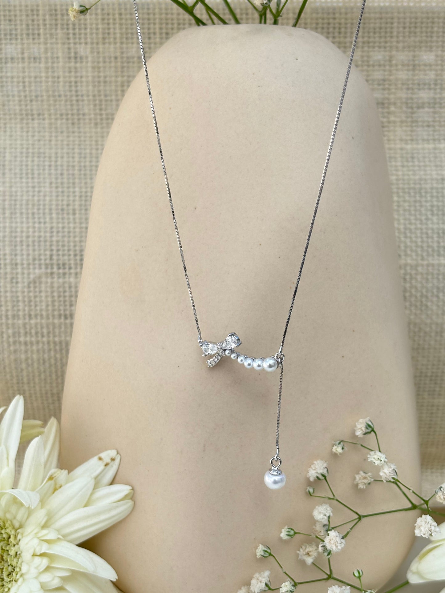 Pearl Bow Drop Necklace