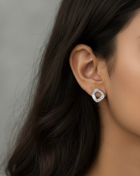 Silver Square Halo Stud Earrings